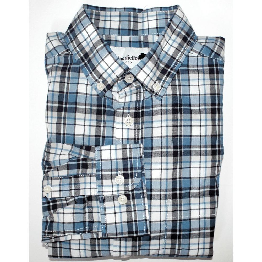 Goodfellow & Co. Size S Slim Fit Plaid Long Sleeve Button Down Shirt Blue White